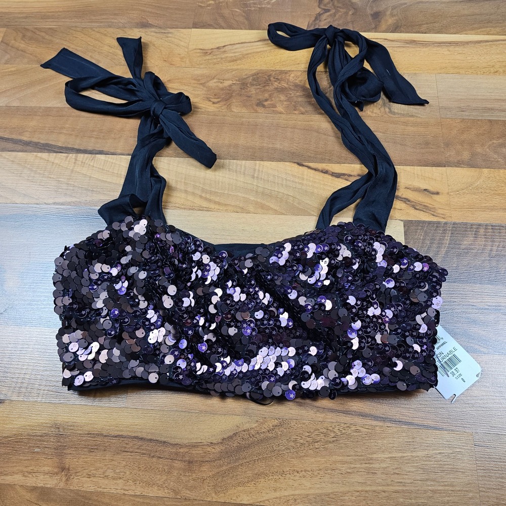 Free People Sequin Crop Top Star Detail Tie Strap Party Festival Size 2
